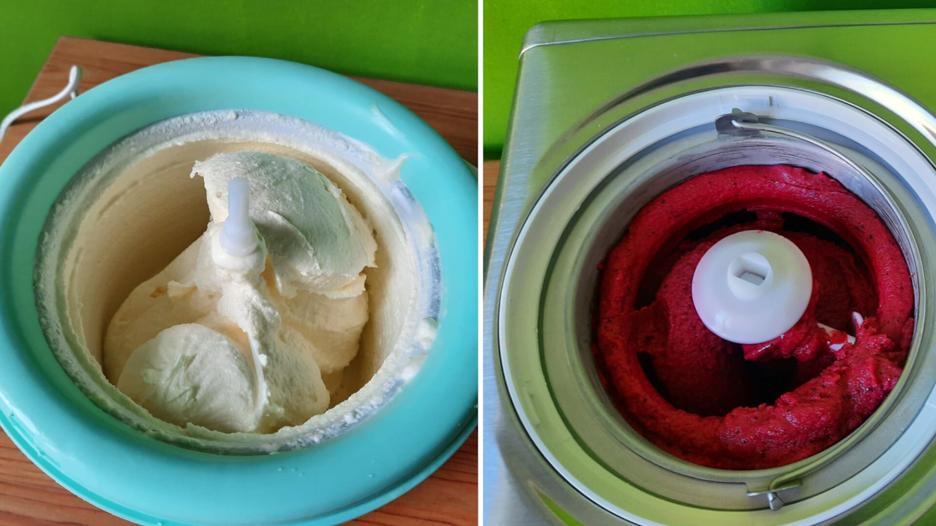 So schön cremig sieht das fertige Eis nach 40 Minuten in der Eismaschine aus. Links Vanilleeis im Silvercrest-Modell, rechts Himbeer-Sorbet im Springlane-Gerät.