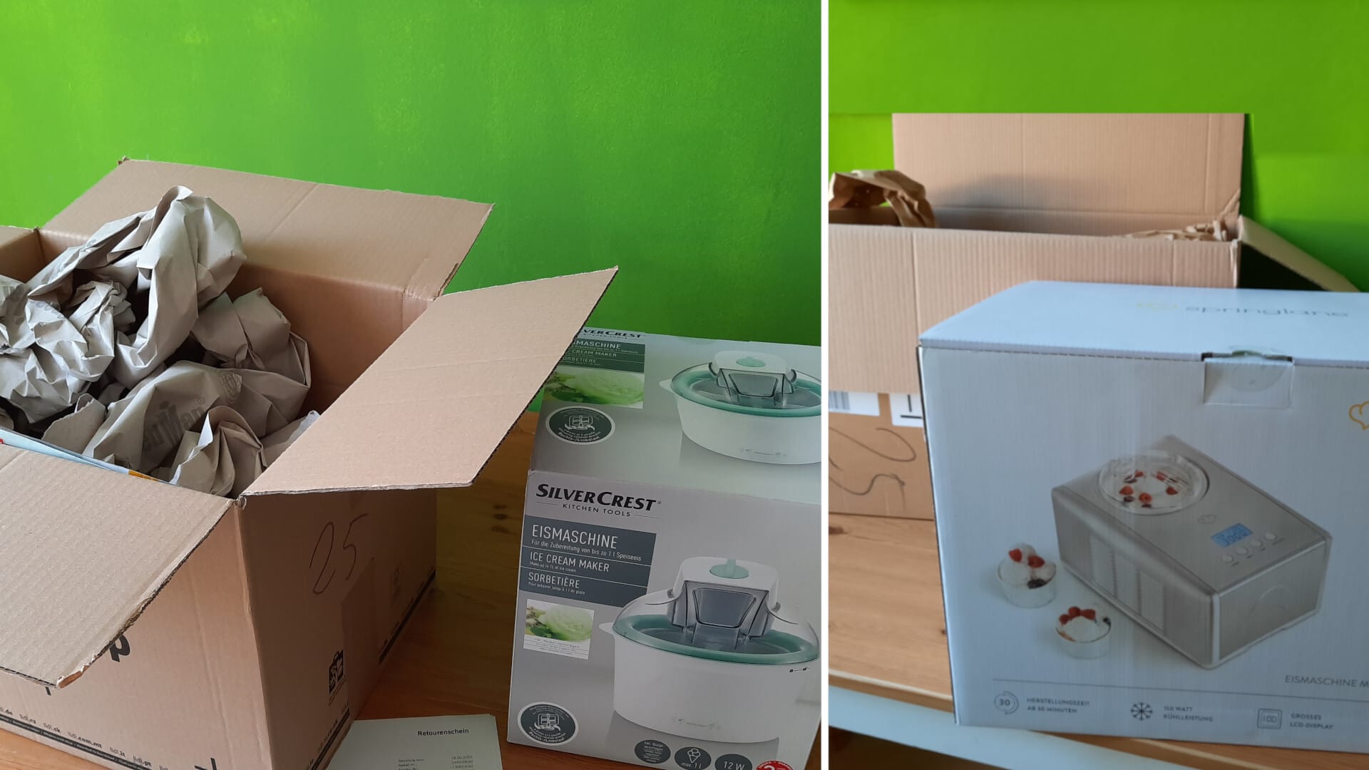 Nicht ganz leicht zu erkennen: Die Verpackung der Lidl-Eismaschine Silvercrest SECM 12 B5 ist zwar sehr sicher, produziert andererseits aber auch viel Müll. Umweltfreundlicher ist da der angemessen große Karton der Springlane-Eismaschine Emma.