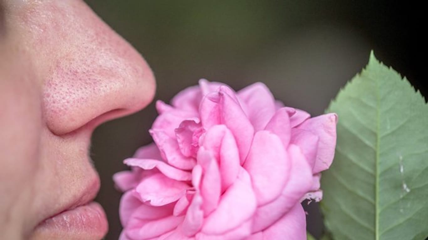 Eine Frau riecht an einer Blume.