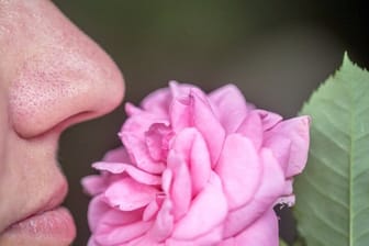 Eine Frau riecht an einer Blume.