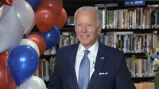 Dieses von der Democratic National Convention zur Verfügung gestellte Videostandbild zeigt Joe Biden nach seiner Nominierung. Dieses von der Democratic National Convention zur Verfügung gestellte Videostandbild zeigt Joe Biden nach seiner Nominierung.