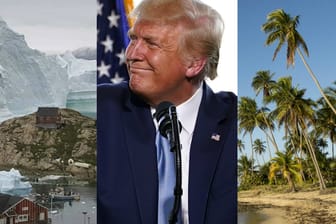 Ein Eisberg in Grönland, Donald Trump und eine Palmenlandschaft in Puerto Rico: Offenbar wollte der US-Präsident Inseln tauschen. (Collage)