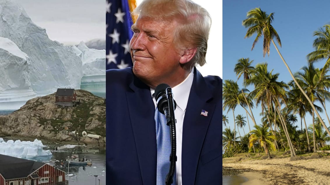 Ein Eisberg in Grönland, Donald Trump und eine Palmenlandschaft in Puerto Rico: Offenbar wollte der US-Präsident Inseln tauschen. (Collage)