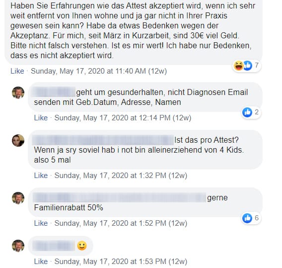 Keine Bedenken und Familienrabatt: Auf der Facebookseite eines österreichischen Arztes fragt eine Frau aus dem Ruhrgebiet nach einem Attest, eine Mutter nach einem günstigeren Preis für sich und ihre vier Kinder.