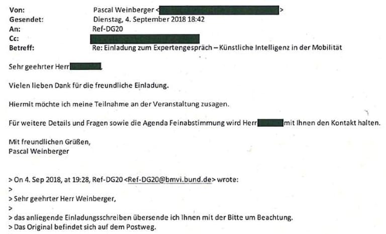 Email von Augustus Intelligence an das Bundesverkehrsministerium: t-online.de hat die Dokumente mittels des Informationsfreiheitsgesetzes erhalten.