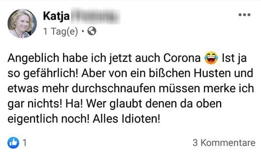 Posting einer an Covid-19 erkrankten Corona-Leugnerin.