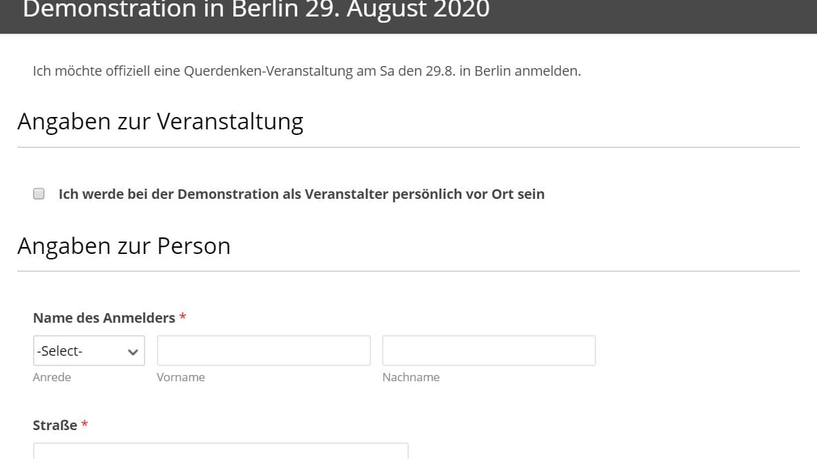 Das Online-Formular zur Anmeldung der "Querdenken"-Demos: Die Organisatoren koordinierten die Anmeldeflut bei der Berliner Polizei.