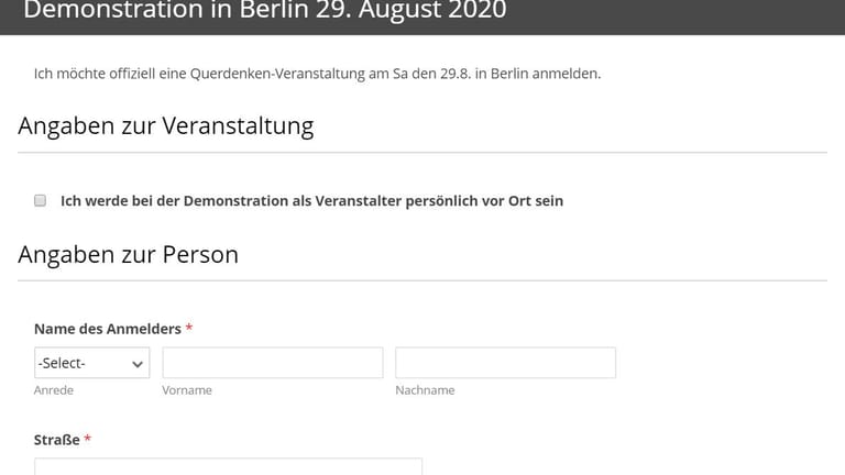 Das Online-Formular zur Anmeldung der "Querdenken"-Demos: Die Organisatoren koordinierten die Anmeldeflut bei der Berliner Polizei.