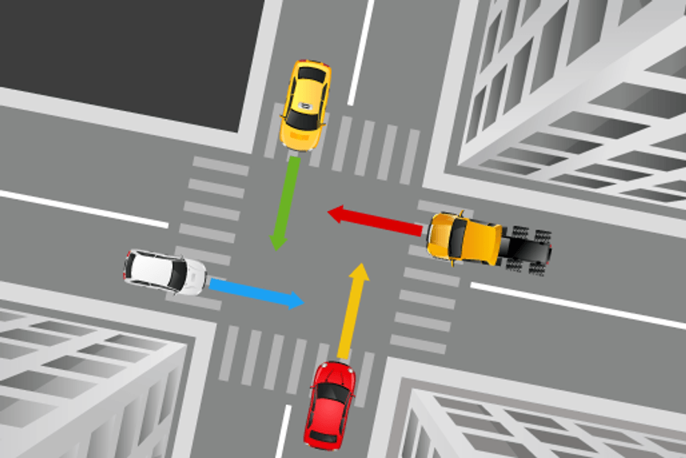 Vier Fahrzeuge an einer gleichrangigen Kreuzung: Jedes hat einen Nachbarn zu seiner Rechten. Die Regelung "Rechts vor Links" funktioniert in diesem Moment nicht.