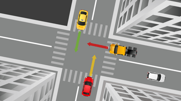 Rechts vor links: Der Fahrer des roten Autos hat signalisiert, dass er wartet. Das weiße Auto kann also losfahren. Nun ist der gelbe Pkw an der Reihe. Er hat nun keinen rechten Nachbarn mehr. Anschließend folgt der Lkw. Wer auf seine Vorfahrt verzichtet, befährt die Kreuzung also als Letzter.