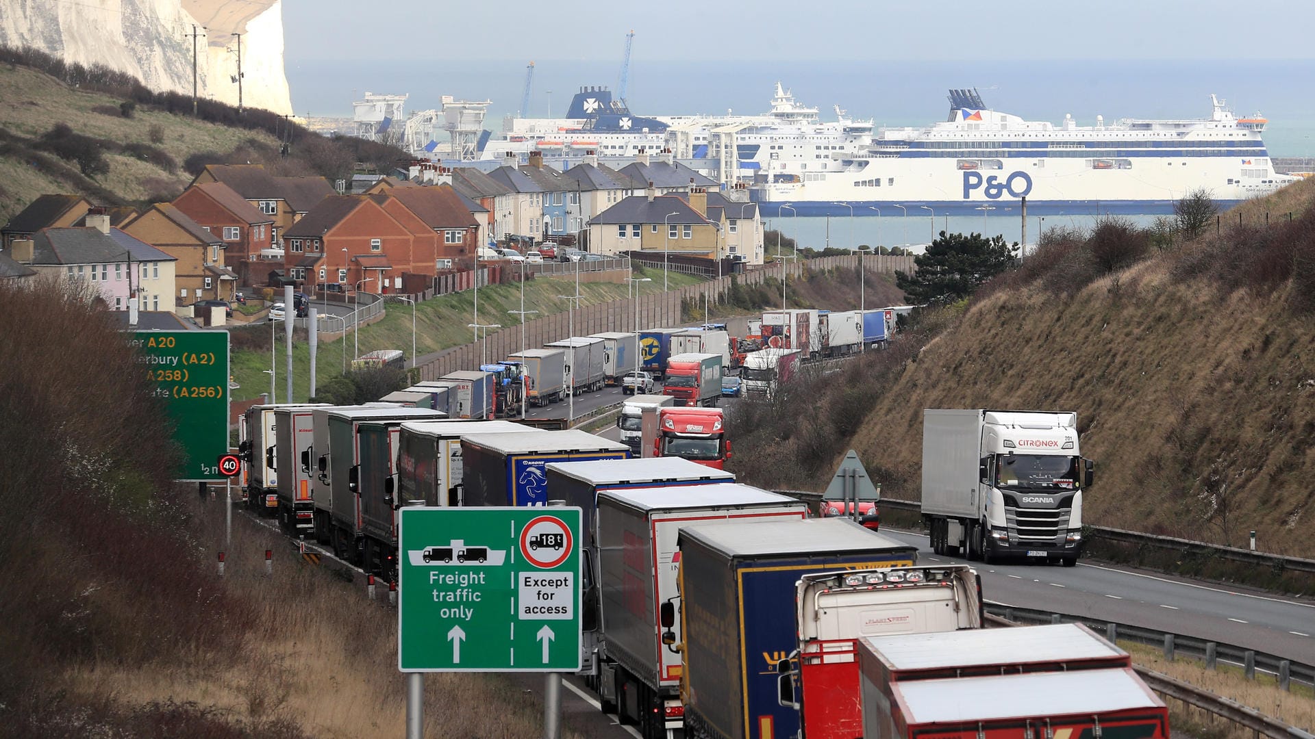 Lastwagen stehen vor dem Hafen von Dover (Archivbild): Ob mit Deal oder ohne – nach dem Brexit dürfte es an den Grenzen kilometerlange Staus geben.