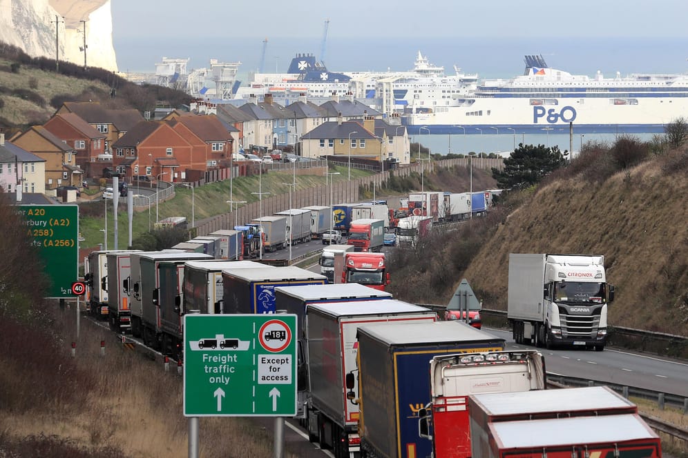 Lastwagen stehen vor dem Hafen von Dover (Archivbild): Ob mit Deal oder ohne – nach dem Brexit dürfte es an den Grenzen kilometerlange Staus geben.