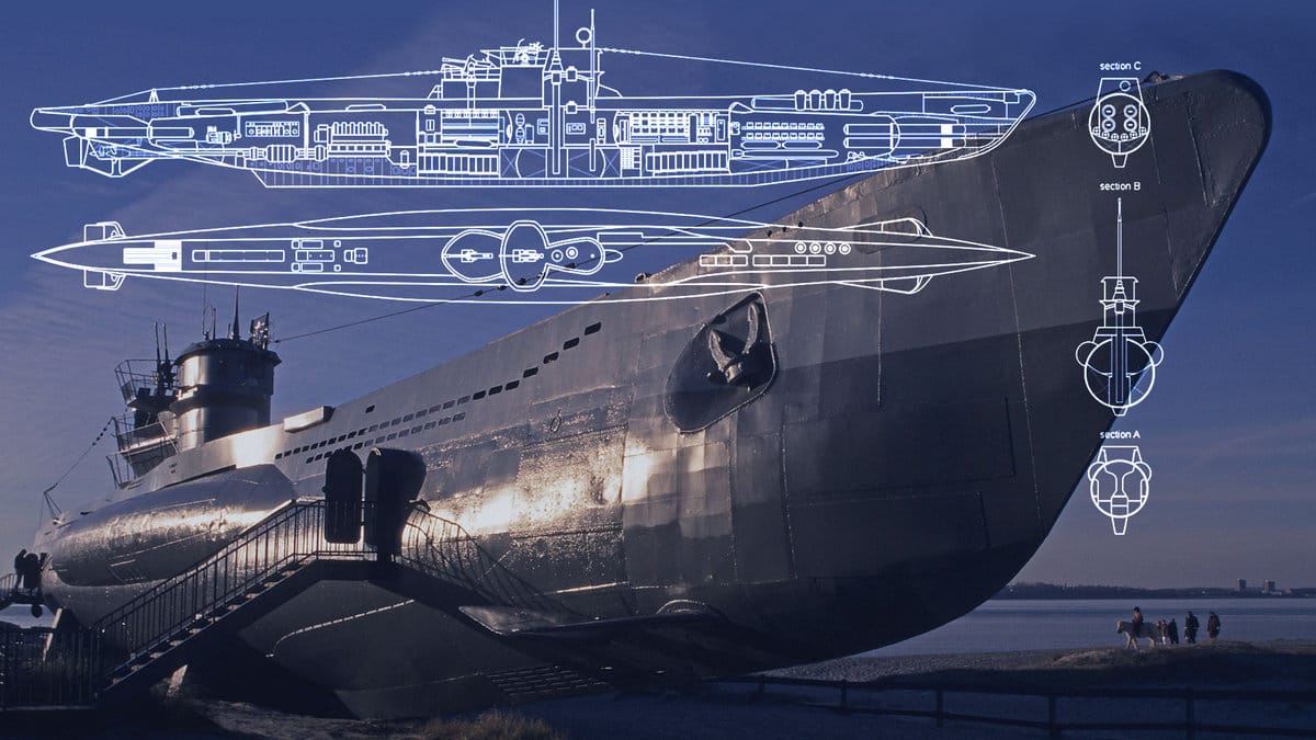 Schema der U-Boot-Klasse VII, U-995 in Laboe (Collage t-online): Das deutsche Unterseeboot "U 1206" sank 1945 wegen Problemen mit seiner Toilette.