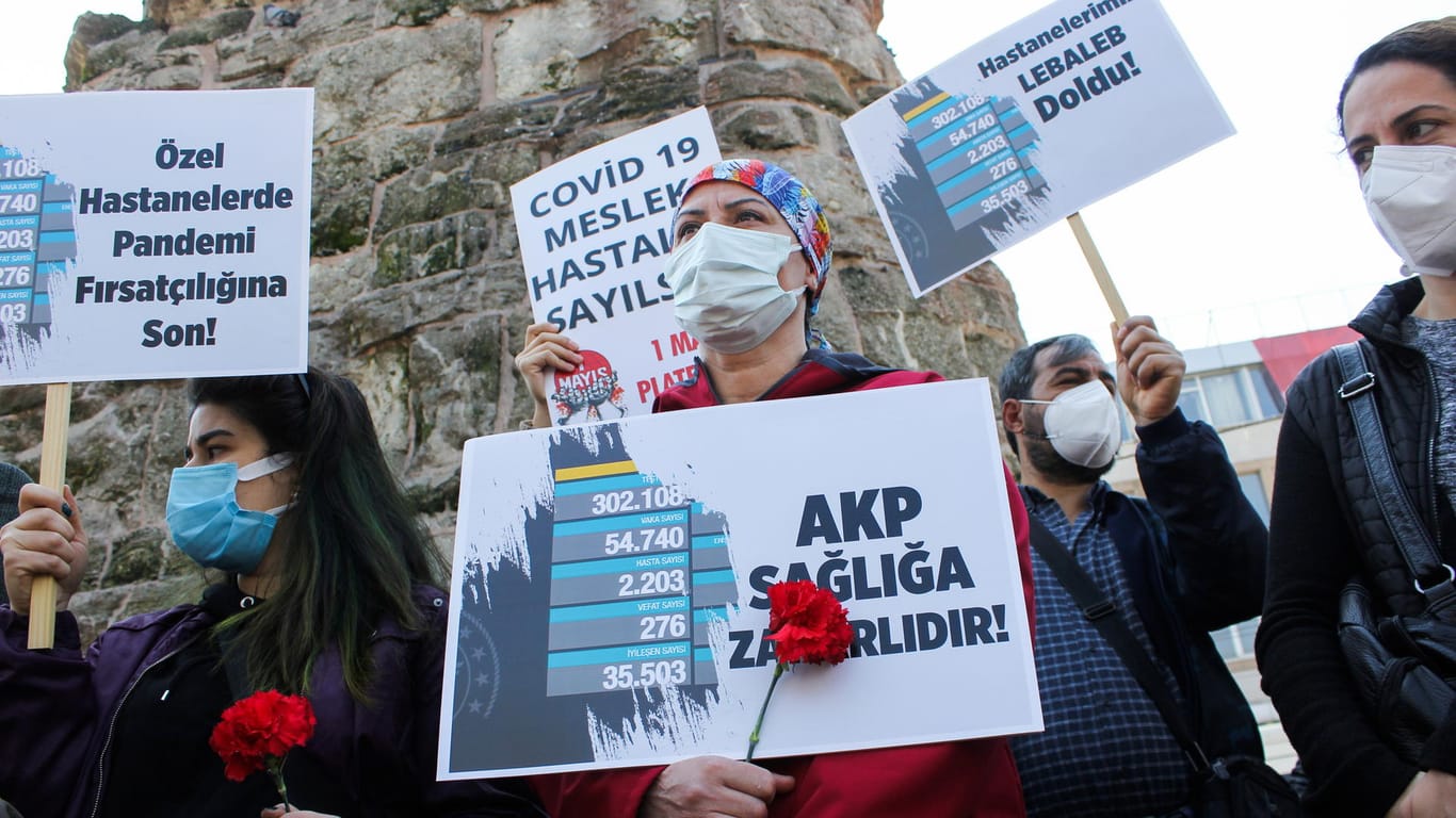 Istanbul: Ärzte und Mitarbeiter im Gesundheitswesen demonstrieren für schärfere Corona-Maßnahmen.