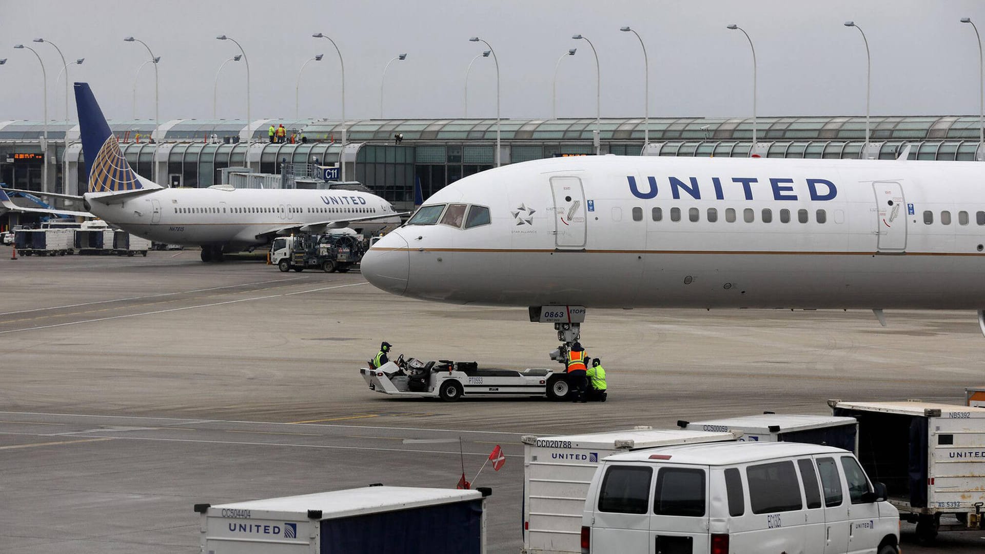 April 13, 2021: A United Airlines jet is taxied to the gate at O Hare International Airport on January 3, 2020, in Chica