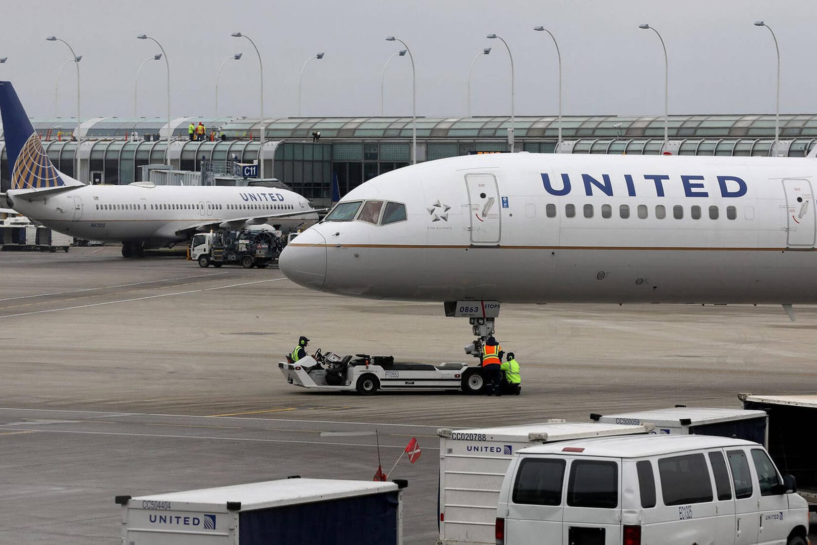 April 13, 2021: A United Airlines jet is taxied to the gate at O Hare International Airport on January 3, 2020, in Chica