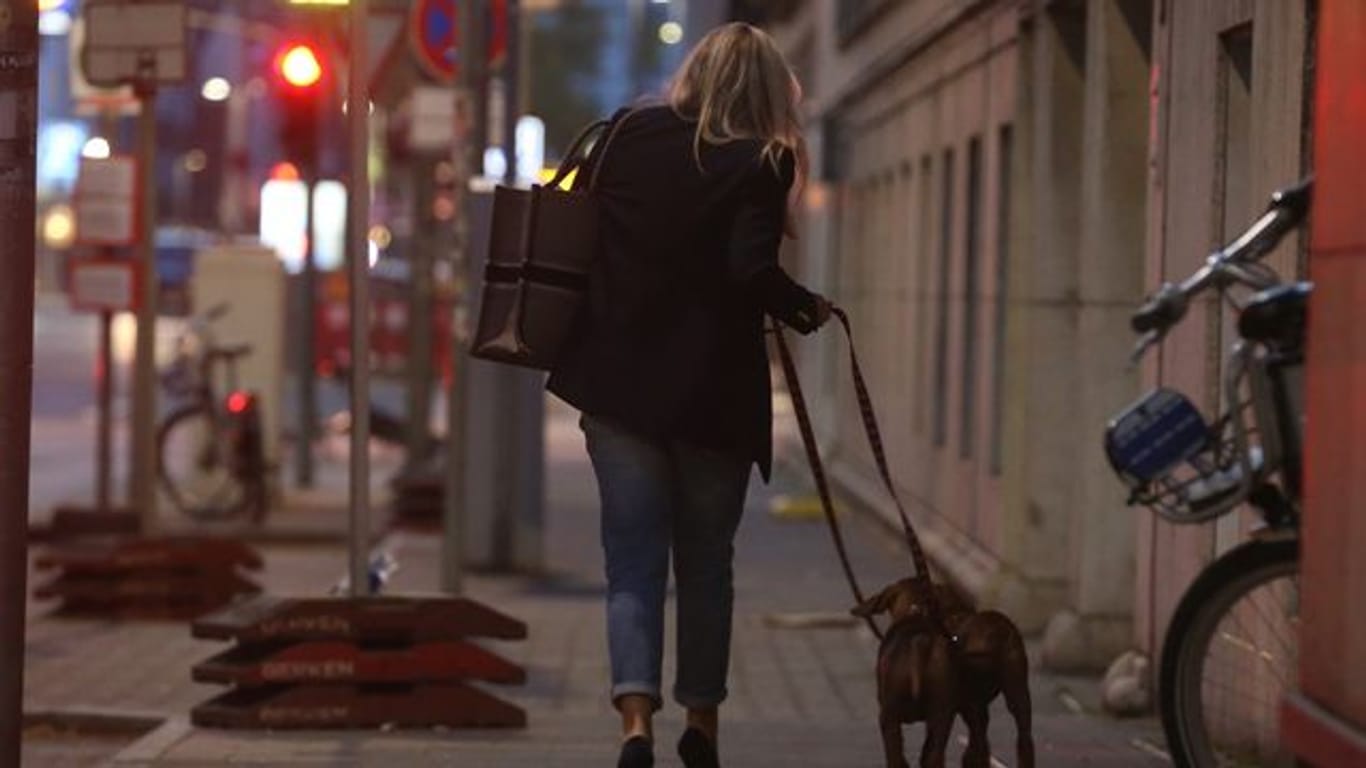 Eine Frau in Düsseldorf geht am Abend mit ihren Hunden spazieren.