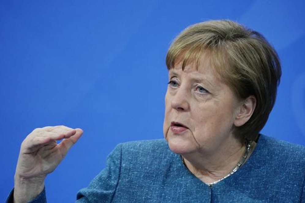 Bundeskanzlerin Angela Merkel während der Pressekonferenz nach dem Impfgipfel im Kanzleramt.