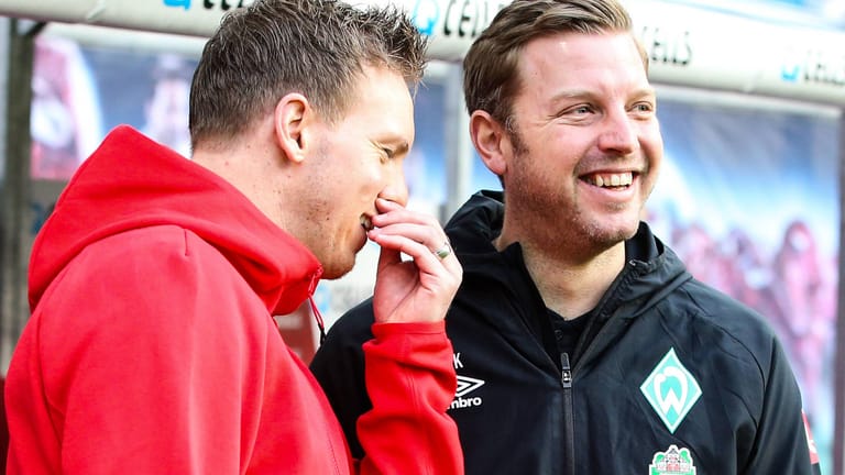 Nach dem Halbfinale wird nur einer lachen: Leipzigs Trainer Julian Nagelsmann im Gespräch mit Werders Coach Florian Kohfeldt.