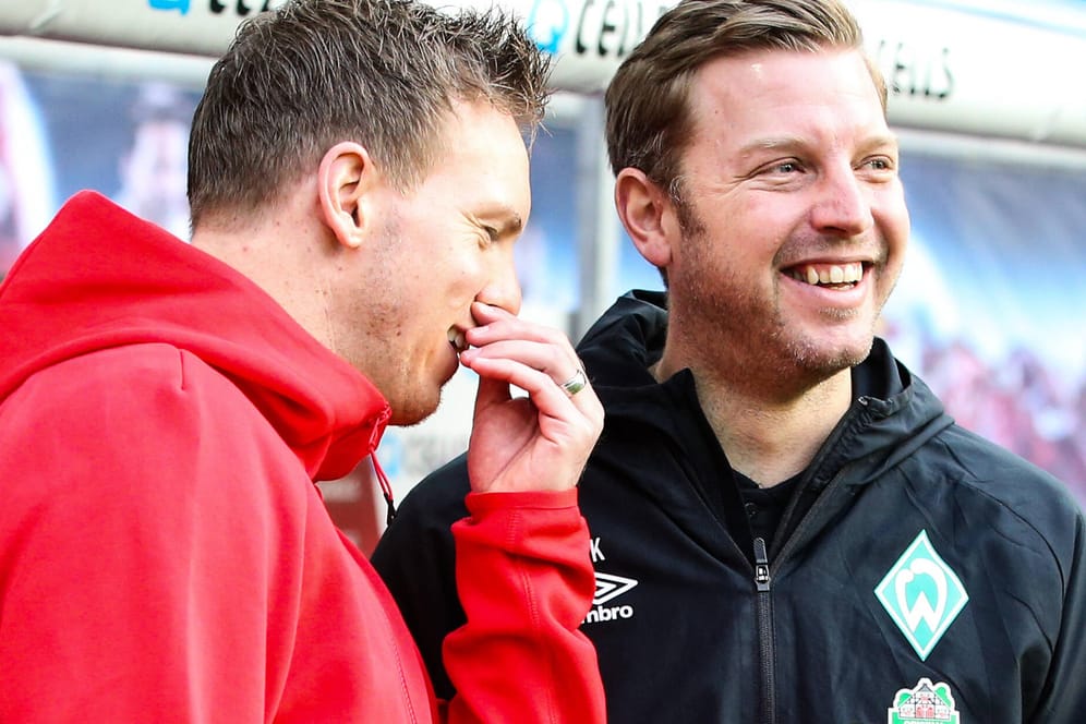 Nach dem Halbfinale wird nur einer lachen: Leipzigs Trainer Julian Nagelsmann im Gespräch mit Werders Coach Florian Kohfeldt.