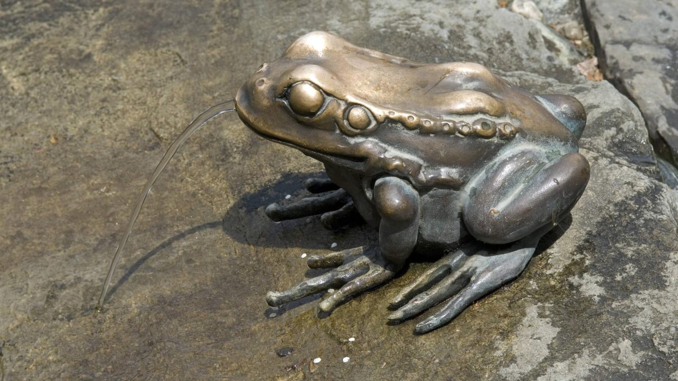 Figurenbrunnen: Ein Frosch speit Wasser als Zierbrunnen.
