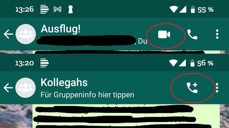 Man kann Gruppen-Videoanrufe direkt aus einer Chatgruppe heraus starten – vorausgesetzt sie hat acht oder weniger Mitglieder (oben). Bei größeren Chatgruppen muss zuerst eine Auswahl getroffen werden (unten).