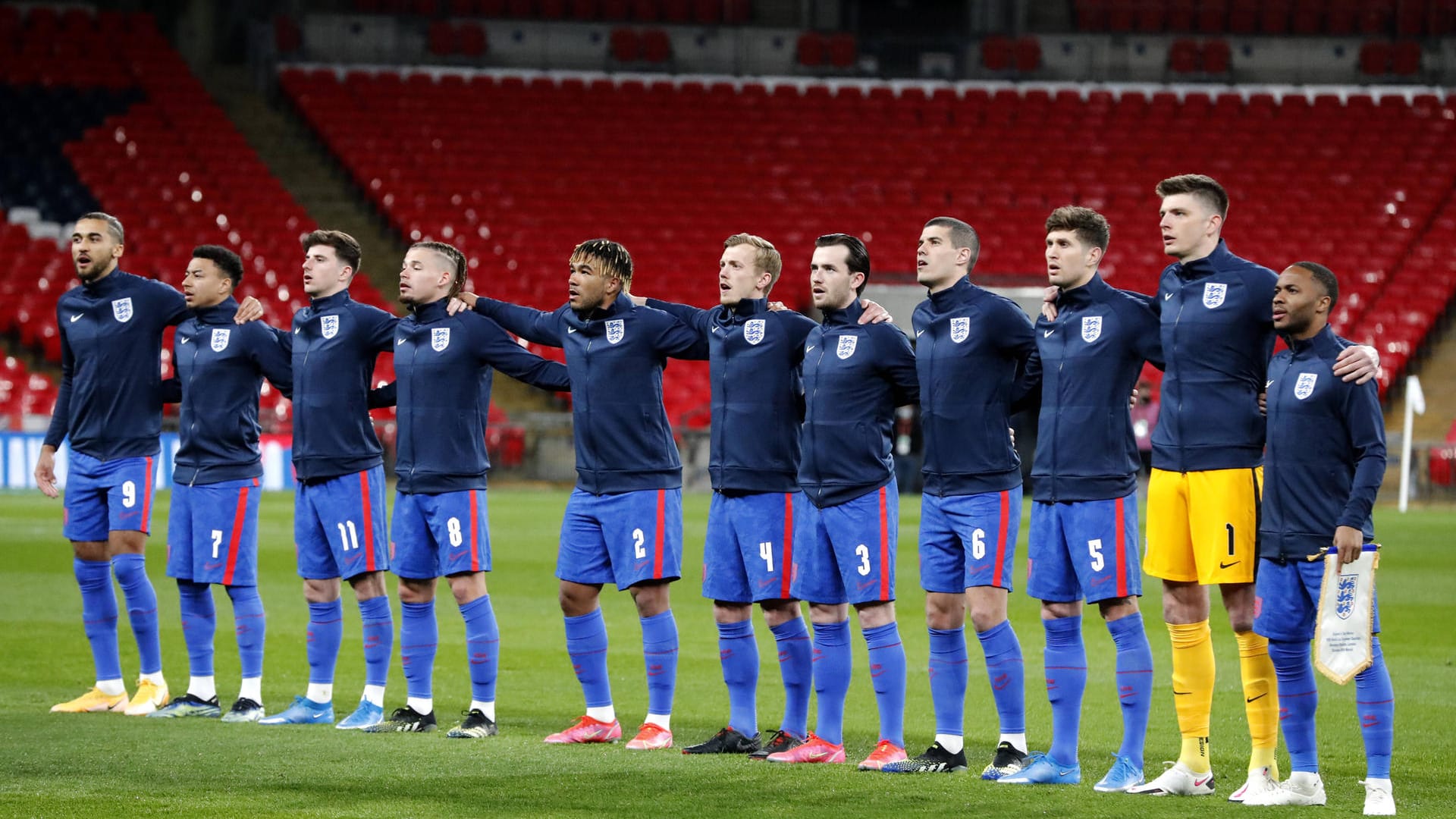 Die Nationalmannschaft Englands am 25. März 2021 vor dem WM-Qualifikationsspiel gegen San Marino im Wembley Stadion.