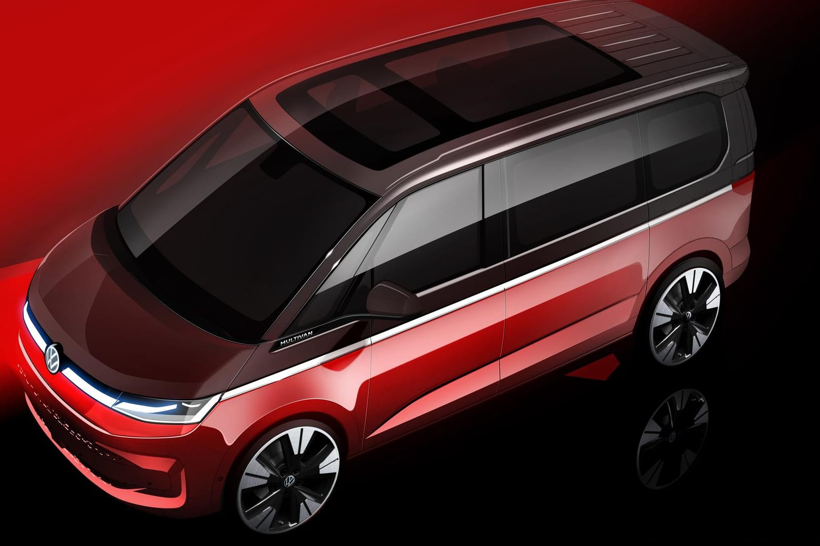 Neuer Bulli (VW-Zeichnung): Er wird breiter und flacher. Einen reinen Elektroantrieb gibt es nicht. Die Preise des aktuellen Modells beginnen bei 41.500 Euro.