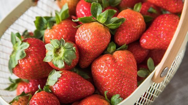 Erdbeeren: Für Kuchen sollten sie möglichst erntefrisch sein. Länger als einen Tag im Kühlschrank aufbewahrt, verlieren die Früchte nicht nur an Vitamin C, sondern auch an Geschmack.