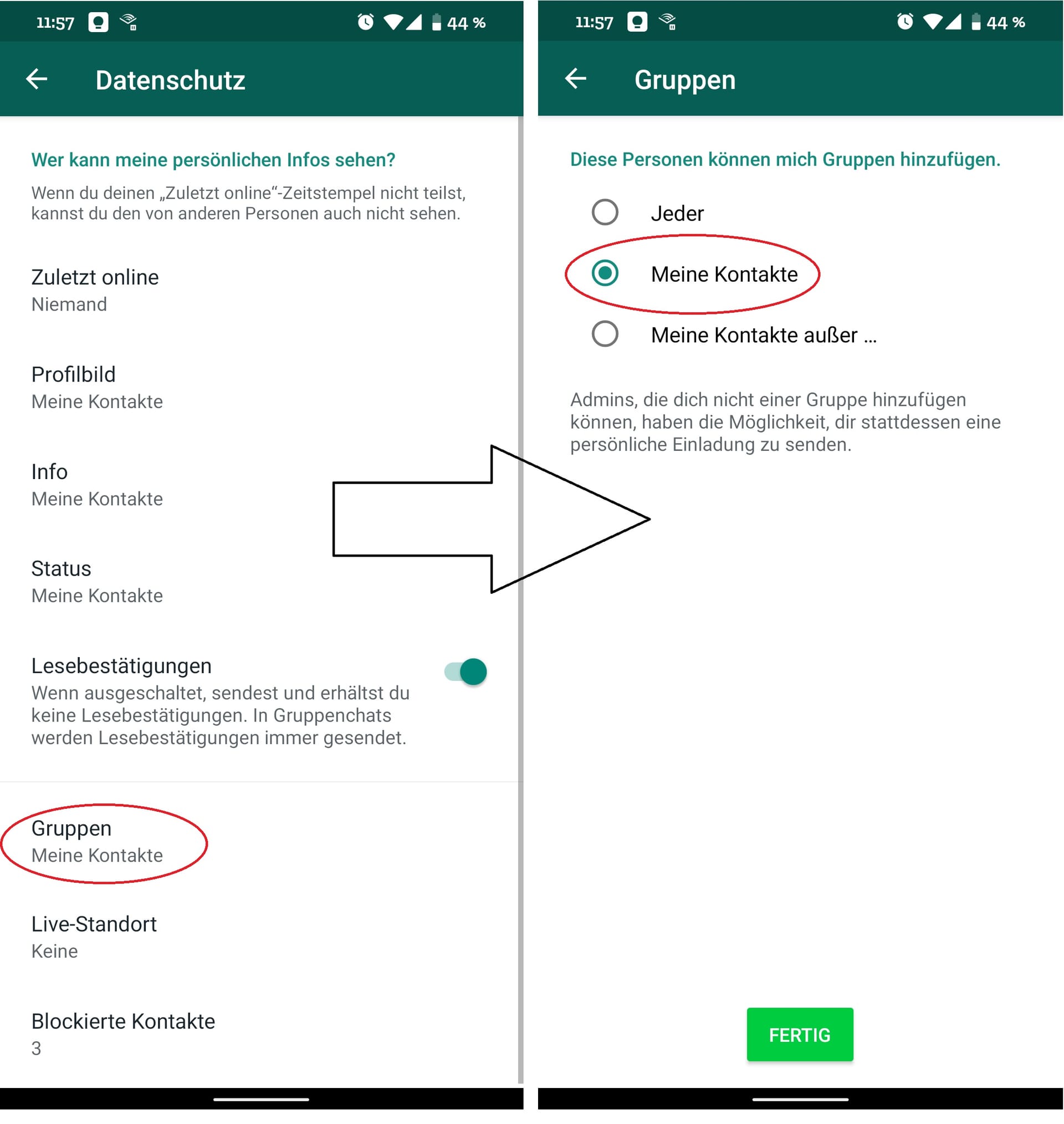 Screenshots: So stellen Sie ein, dass nicht jeder Sie zu einer WhatsApp-Gruppe hinzufügen kann.