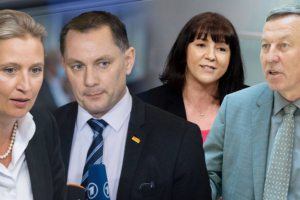 Macht- und Lagerkampf bei der Aufstellung für den Bundestag in der AfD: Alice Weidel und Tino Chrupalla (links) gelten als "Scharfmacher" und flügelnah, Joana Cotar und Joachim Wundrak werden vom eher gemäßigten Meuthen unterstützt.