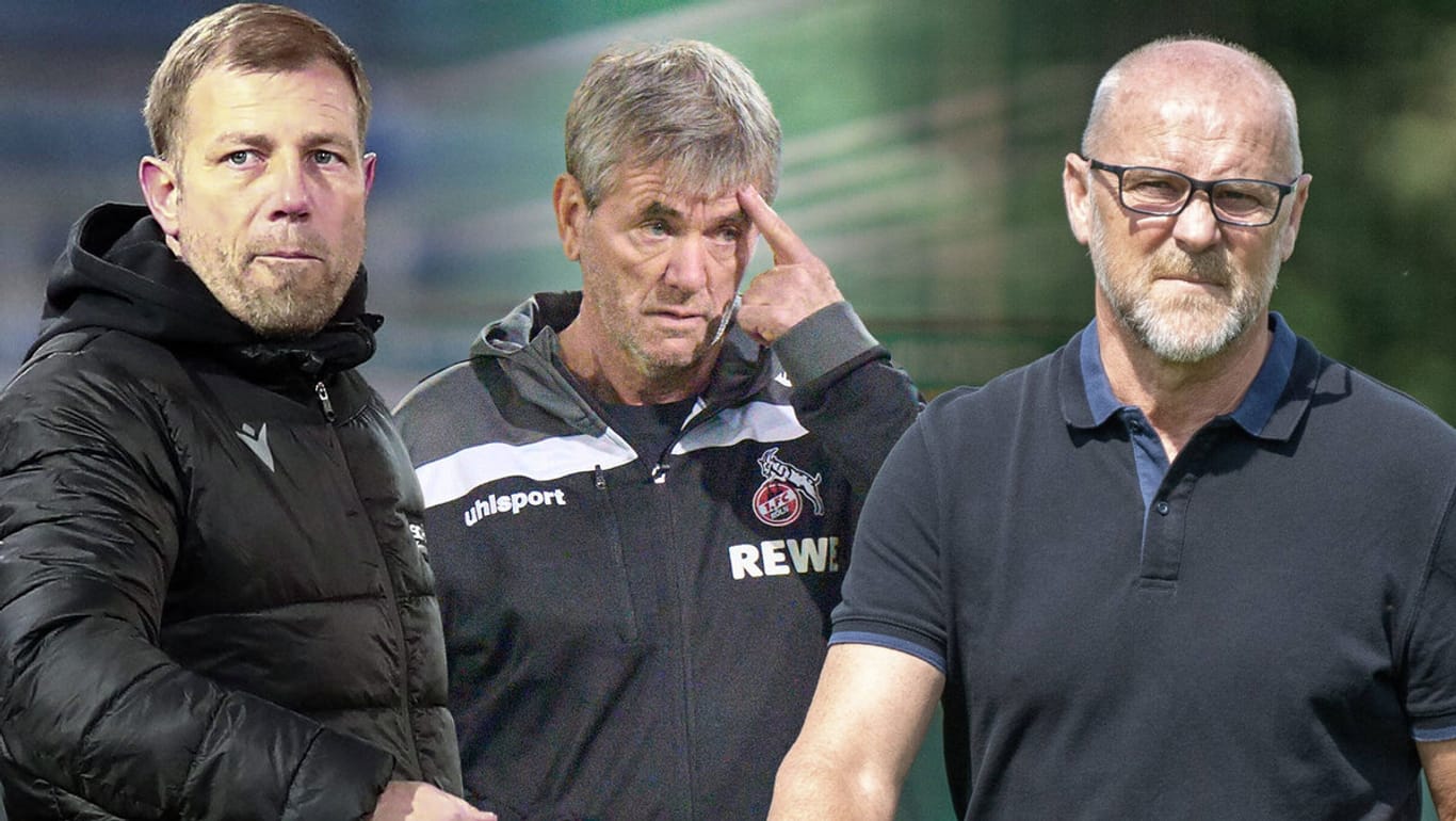 Für diese drei Trainer geht es um alles: Bielefelds Kramer (l), Kölns Funkel und Werders Schaaf (r.).