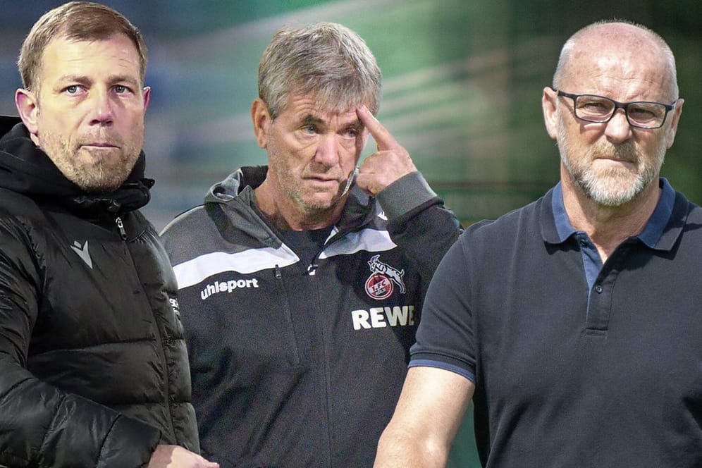 Für diese drei Trainer geht es um alles: Bielefelds Kramer (l), Kölns Funkel und Werders Schaaf (r.).
