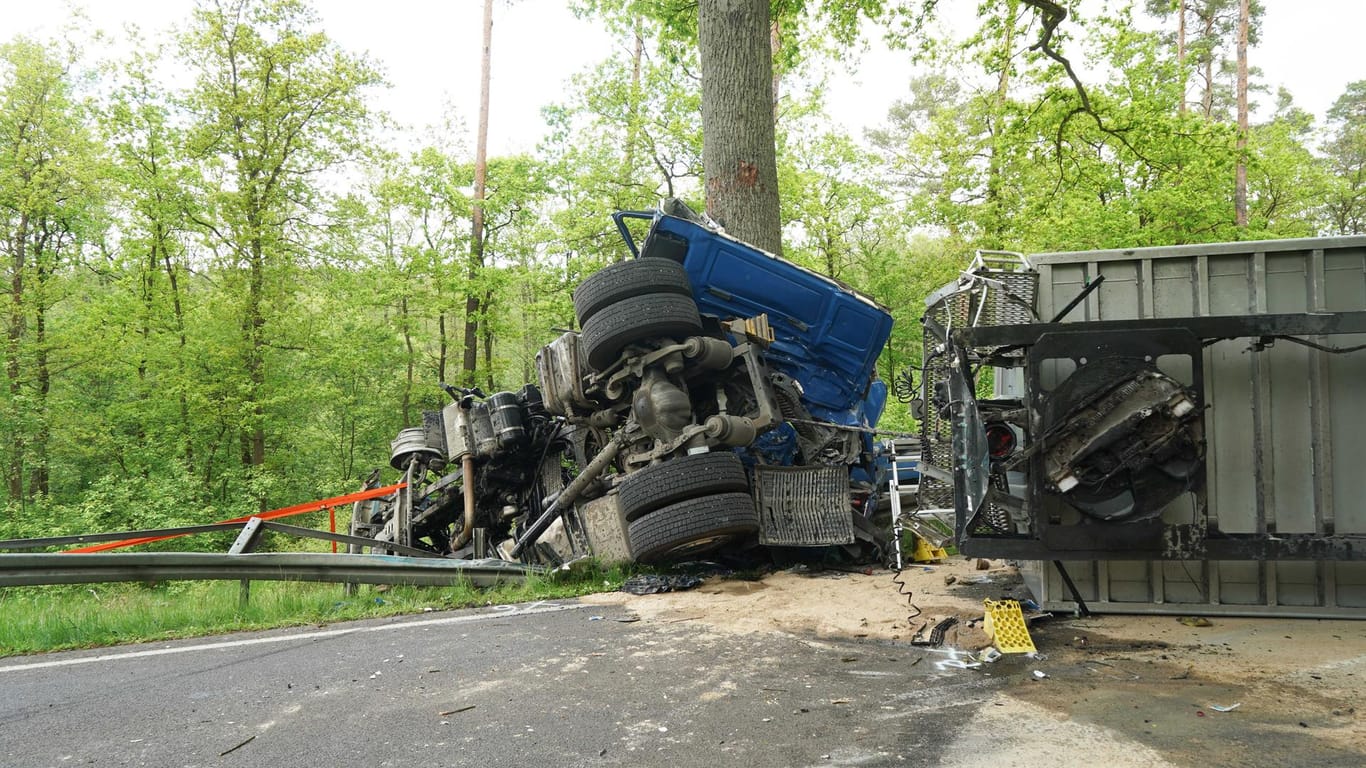 Der Lkw liegt seitlich an einem Baum: Der Fahrer überlebte den Unfall nicht.