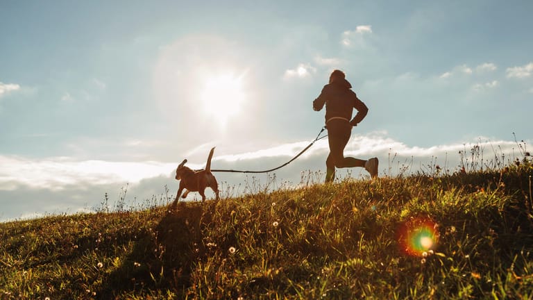 Joggender Mann mit Hund: Bewegung baut Stress ab und kann somit gegen Burn-out helfen.