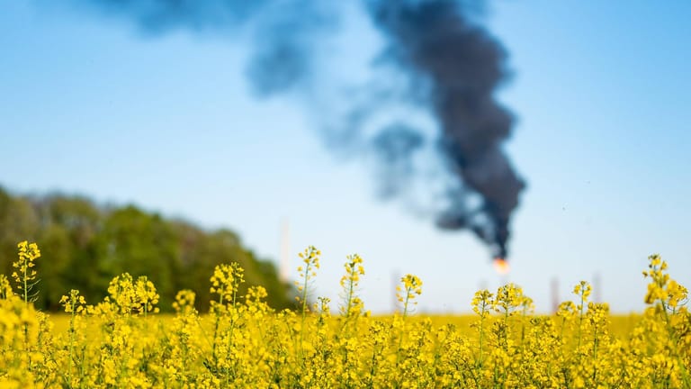Hochfackel der Shell Rheinland Raffinerie (Symbolfoto): Starker Rauch bei der Verbrennung fossiler Energieträger.nd entwi