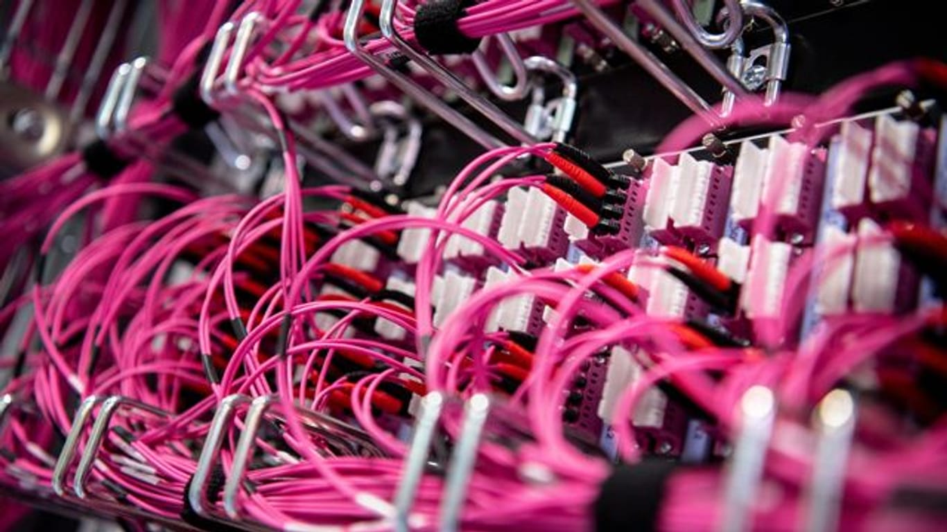 Glasfaserkabel stecken in einem Rechenzentrum vom bayerischen Landeskriminalamt (BLKA) in einem Netzwerk-Switch.