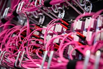 Glasfaserkabel stecken in einem Rechenzentrum vom bayerischen Landeskriminalamt (BLKA) in einem Netzwerk-Switch.
