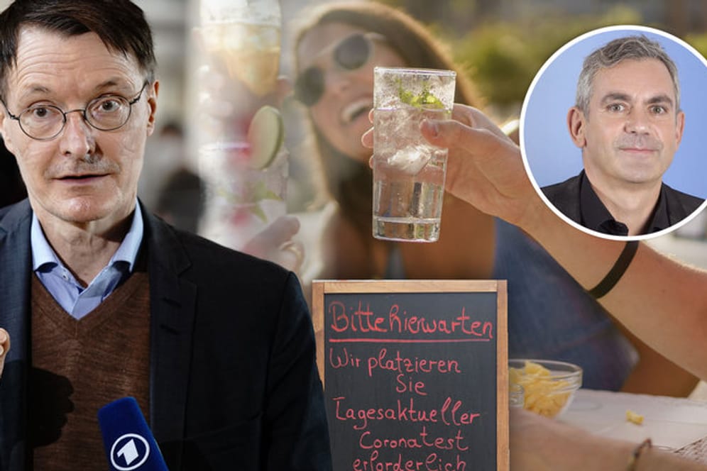 Biergartenstimmung und Karl Lauterbach (Bildcollage t-online): Die gute Laune kommt, der SPD-Gesundheitsexperte wird uns erhalten bleibt, sagt Wladimir Kaminer.