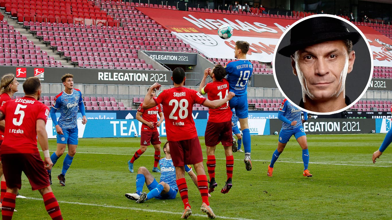Der entscheidende Moment im ersten Relegationsspiel: Kiels Simon Lorenz setzt sich gegen den FC-Kapitän Jonas Hector im Kopfballduell durch – und macht das 1:0.