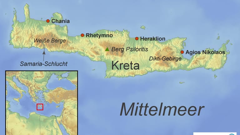 Karte von Kreta: Durch die langgestreckte Form ist der Strand auf Kreta nie weit weg.