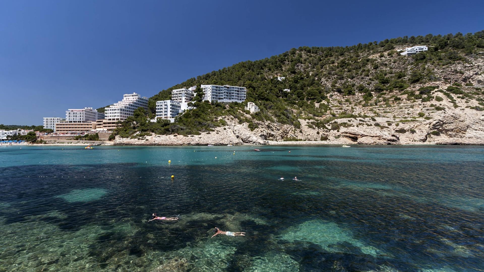 Cala Llonga: Die geschützte Bucht mit sehr breitem Sandstrand ist von Pinien bewachsenen Hügeln umgeben.