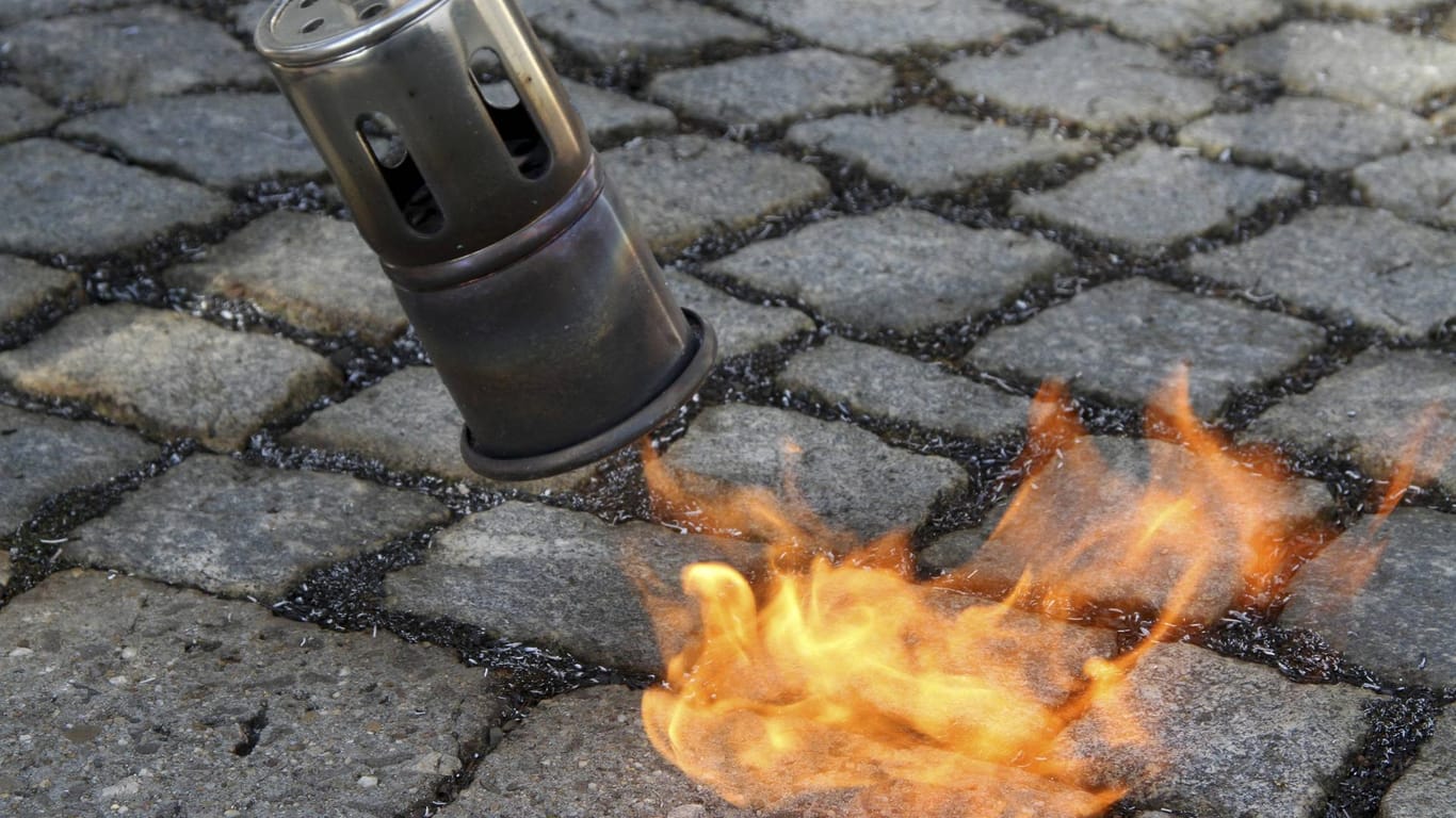 Abflammgerät: Mit dem Feuer können Sie mühelos lästiges Moos zwischen den Pflasterfugen entfernen.