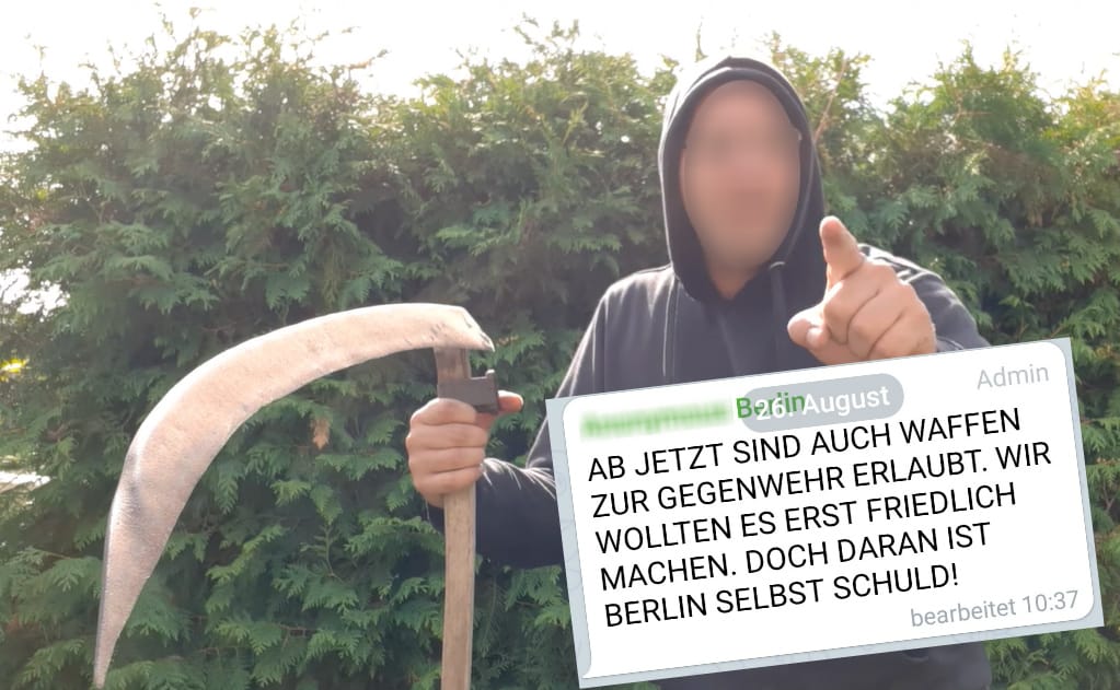 "Rein in die Bude": Erst forderte ein Berliner in einem Youtube-Video auf, bei den Demos auch den Reichstag zu stürmen. Nach der Verbotsverfügung der Demo postete er bei Telegram, jetzt sei Waffengebrauch berechtigt. Das Posting hat er wieder gelöscht.