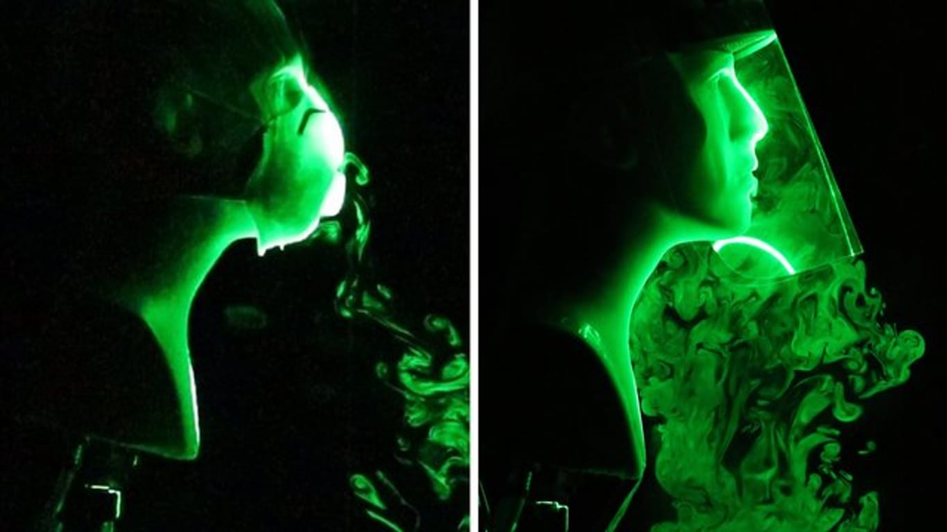 Die Bildkombo zeigt einen wissenschaftlichen Versuch, bei dem die Strömung künstlich hergestellter Atem-Tröpfchen beim Tragen einer N-95-Gesichtsmaske mit Ausatemventil (l) und einem Gesichtsschild (r) simuliert wird.
