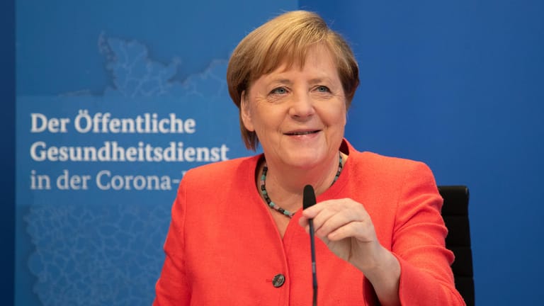 "Ungewöhliche Leistungen": Kanzlerin Merkel bei der virtuellen Konferenz mit Vertretern des Öffentlichen Gesundheitsdienstes.