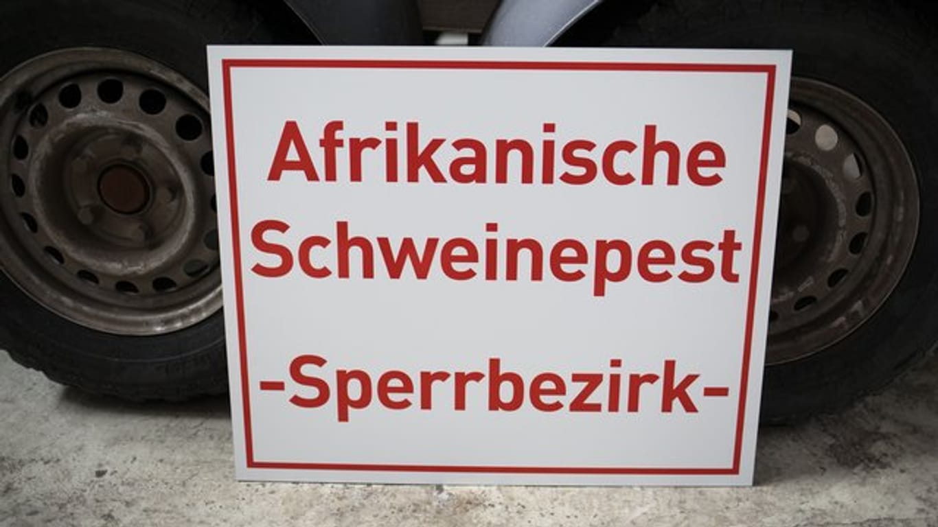 Ein Schild mit der Aufschrift "Afrikanische Schweinepest - Sperrbezirk" steht in einem Zentrallager für Tierseuchenbekämpfungsmaterial (Archiv).