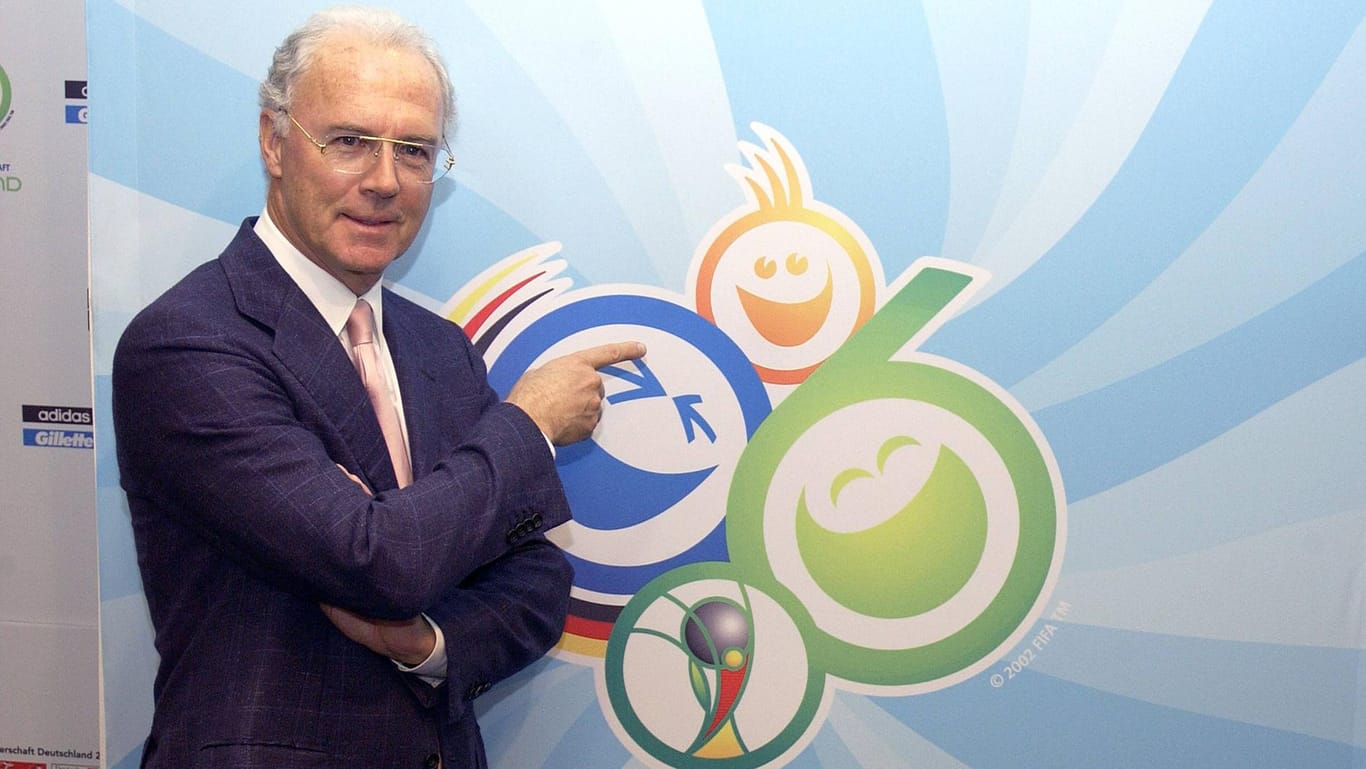 Franz Beckenbauer präsentiert das Logo der WM 2006 in Deutschland.