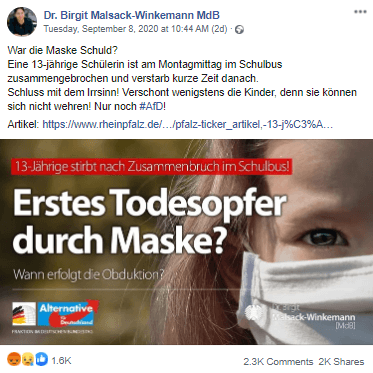 Spekulation ohne Grundlage: Die AfD-Bundestagsabgeordnete Birgit Malsack-Winkemann mit ihrem Posting zum Tod des Kindes.