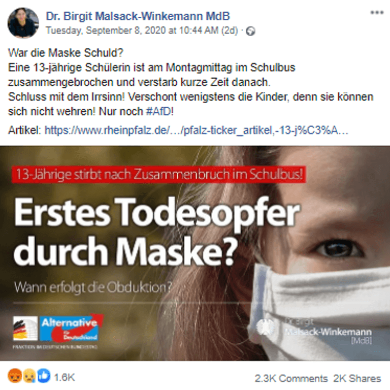 Spekulation ohne Grundlage: Die AfD-Bundestagsabgeordnete Birgit Malsack-Winkemann mit ihrem Posting zum Tod des Kindes.